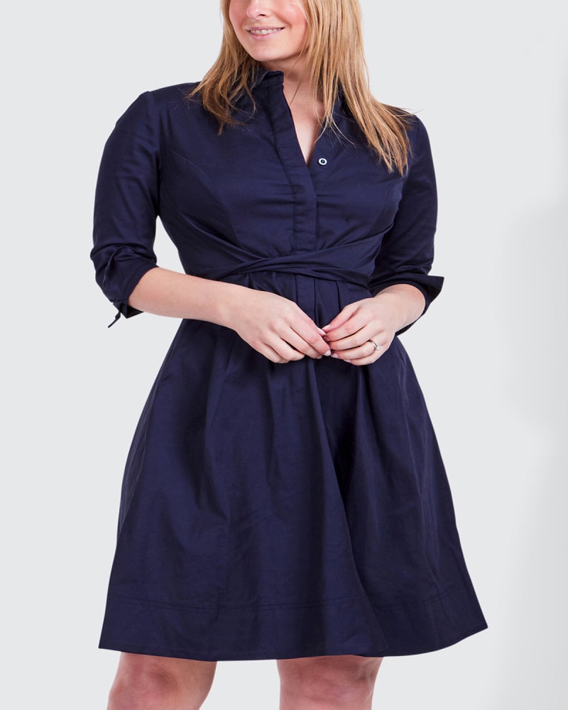 Front of a model wearing a size XL Tessa Shirt Dress Twist Waist Tie Pockets Cotton Navy in Navy by ANNICK. | dia_product_style_image_id:353180
